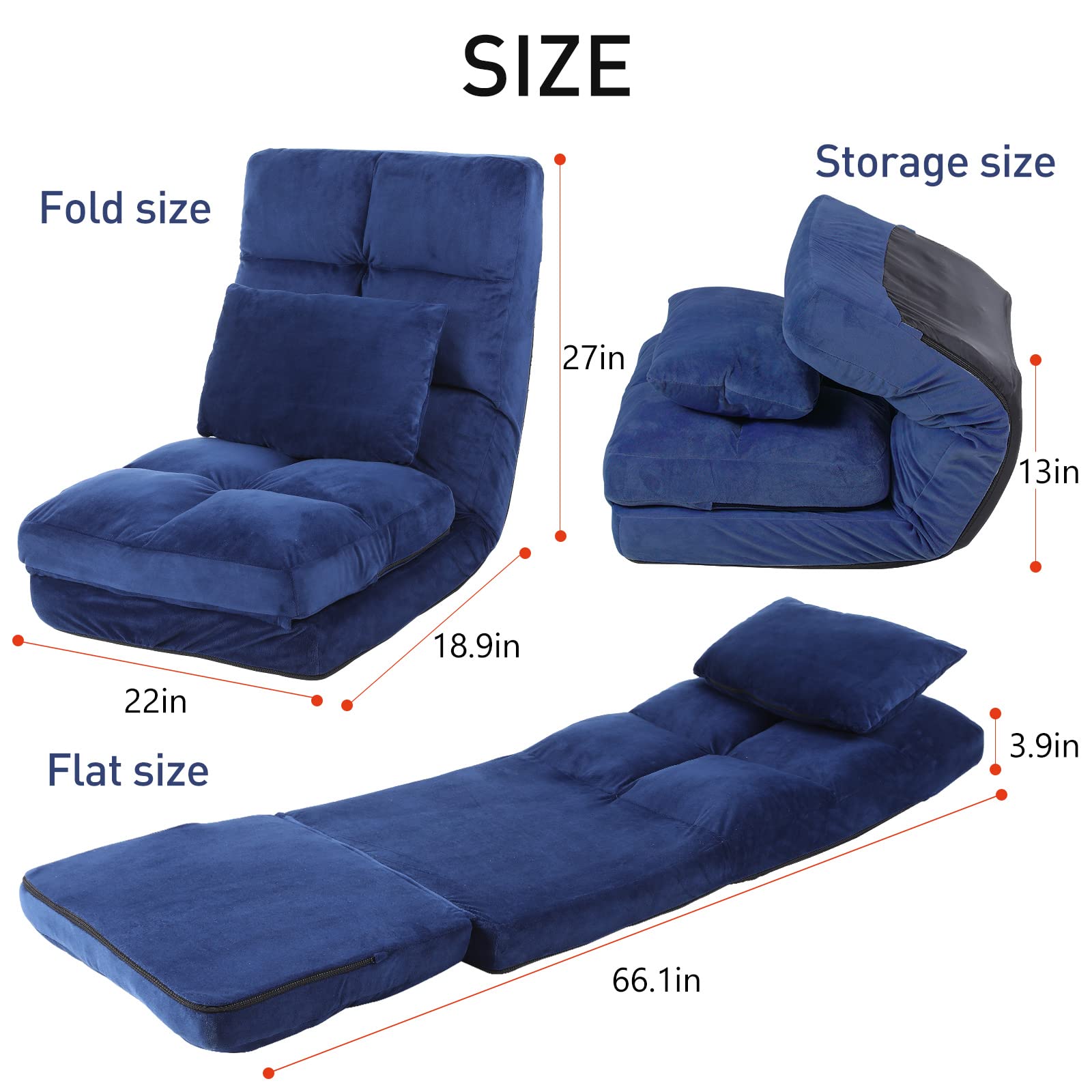 blue velvet foldable floor chair adjustable, cushioned floor chair no legs