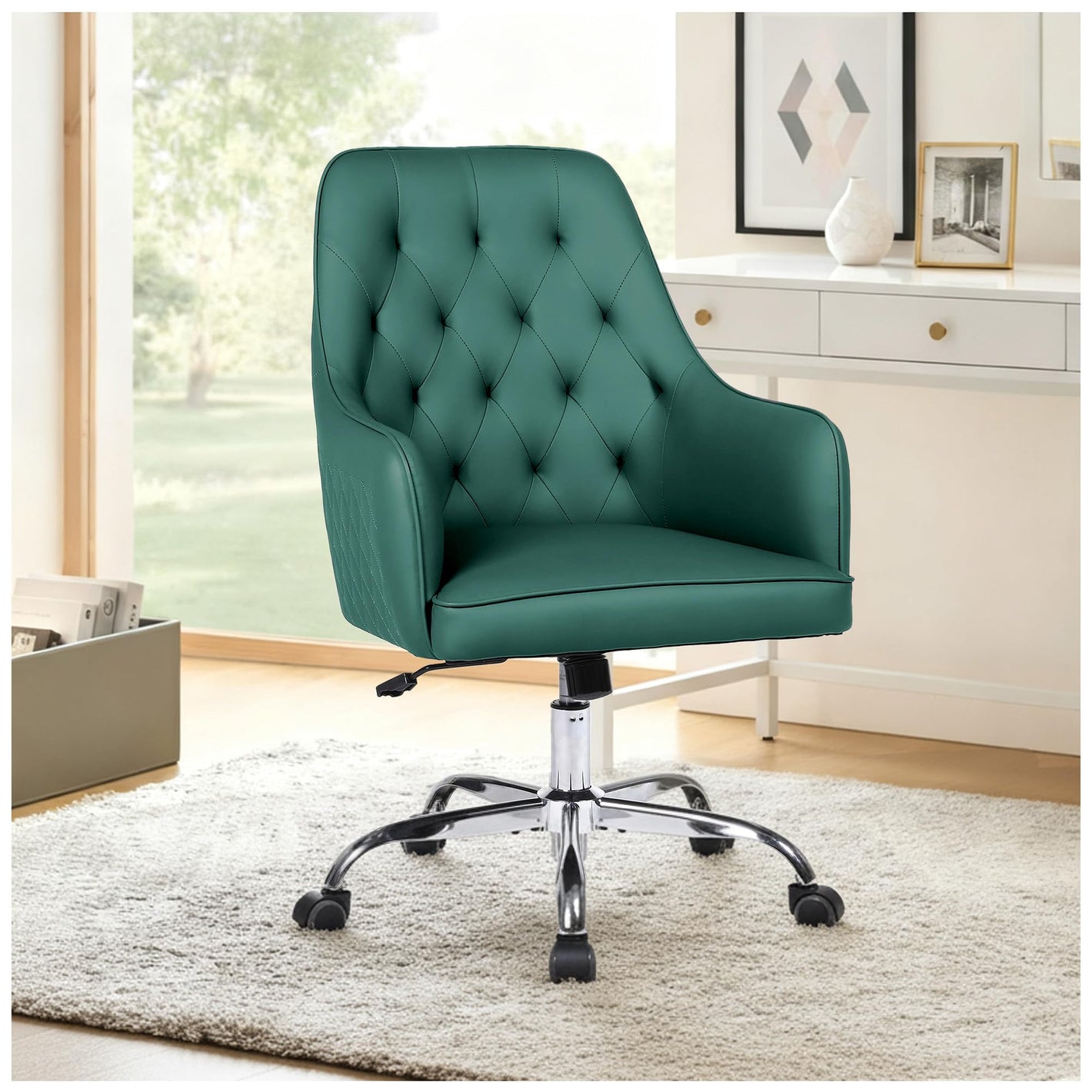 Adjustable Swivel Accent Chair Faux Leather Desk Chair with Arms