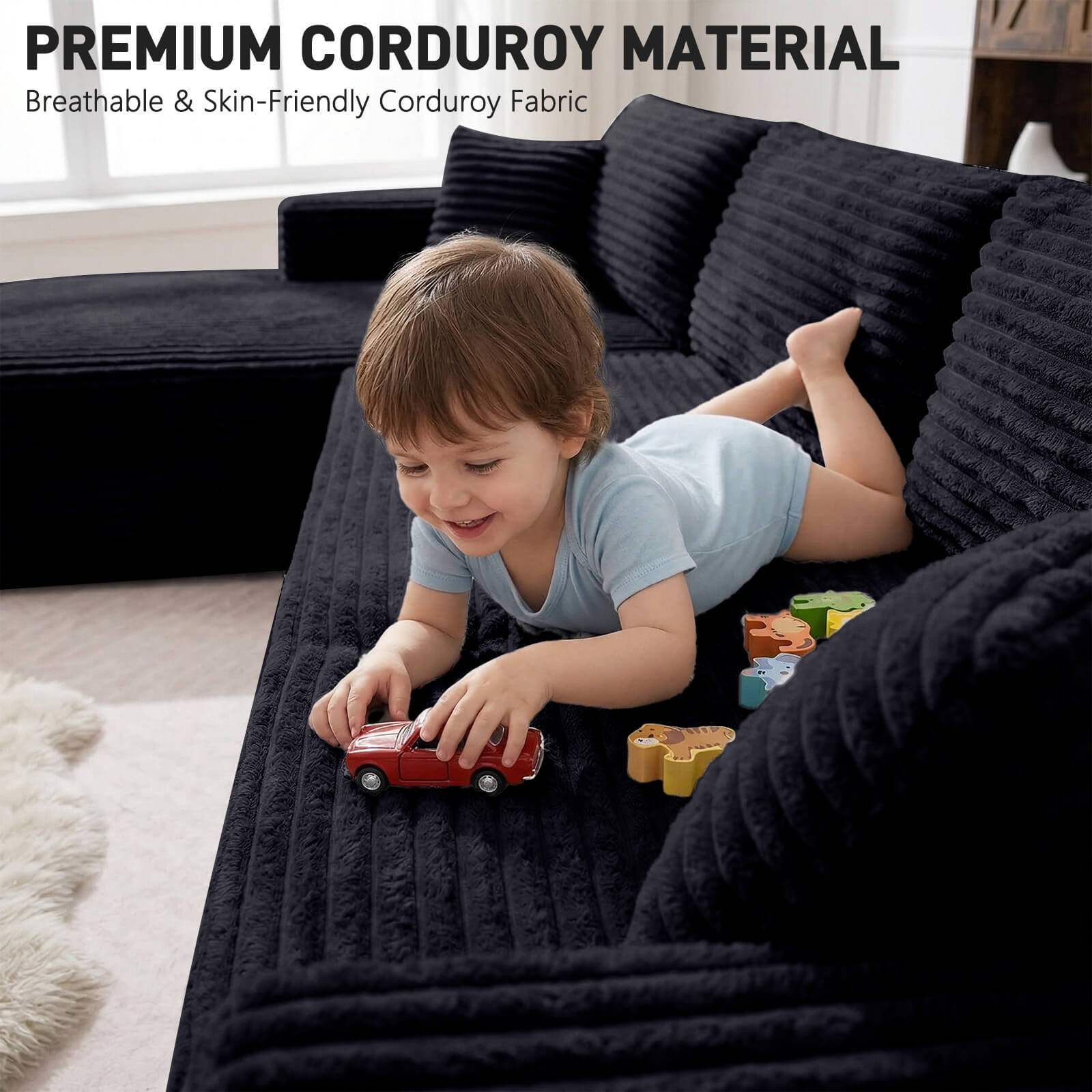 Plush Corduroy Sectional Sofa Deep Seat Memory Foam Cloud Couch - No Assembly