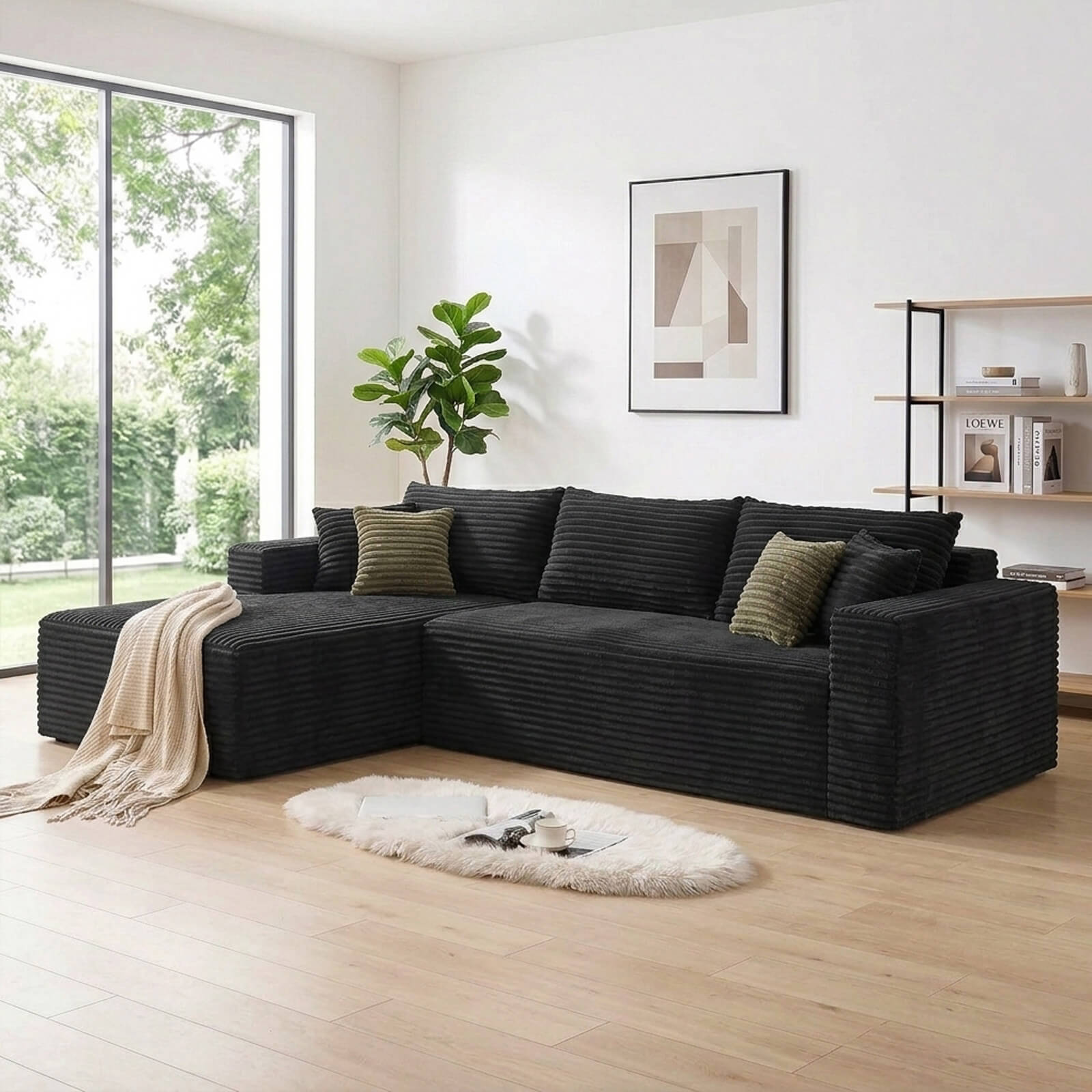 Plush Corduroy Sectional Sofa Deep Seat Memory Foam Cloud Couch - No Assembly