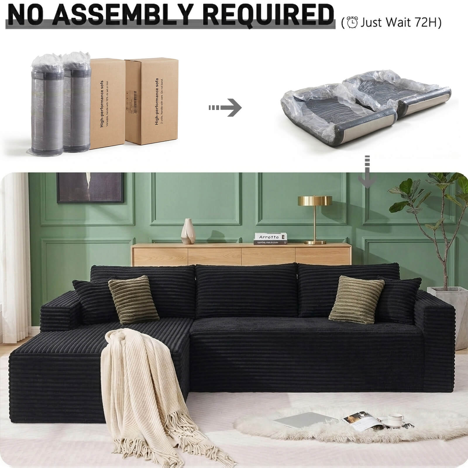 Plush Corduroy Sectional Sofa Deep Seat Memory Foam Cloud Couch - No Assembly