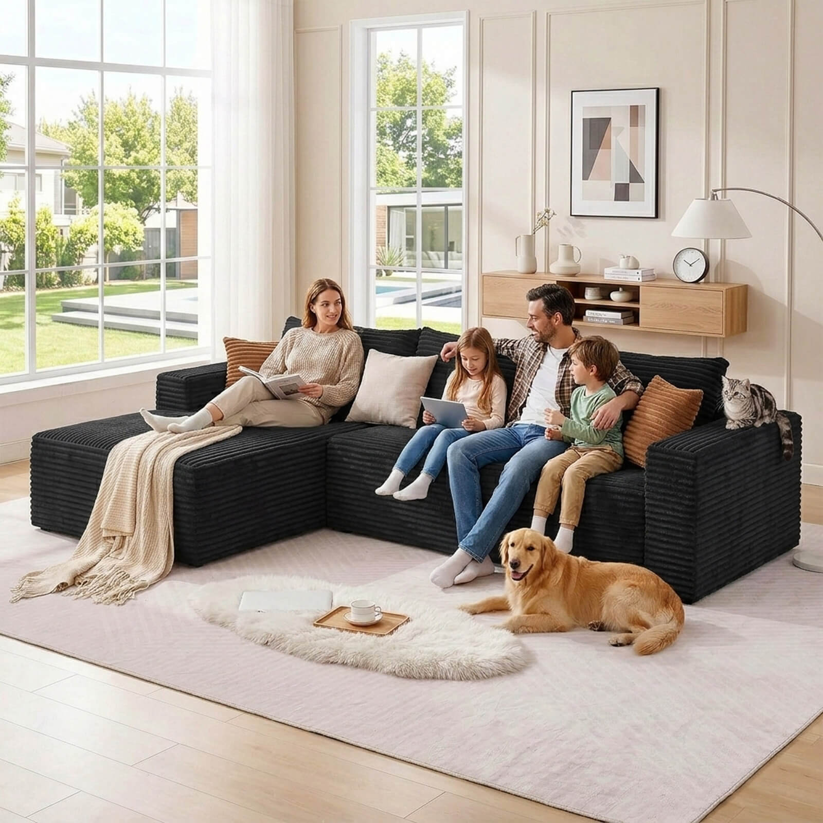 Plush Corduroy Sectional Sofa Deep Seat Memory Foam Cloud Couch - No Assembly