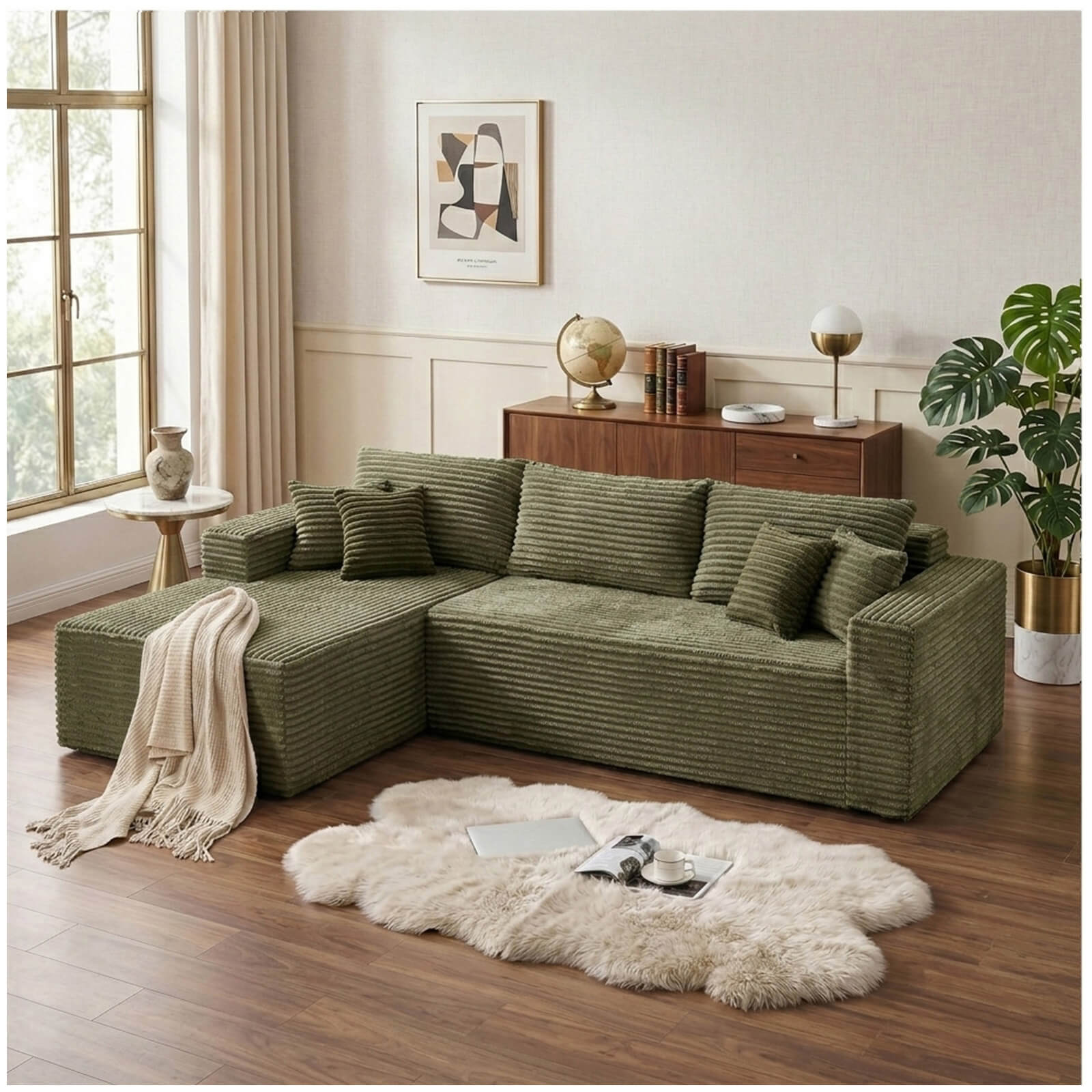 Plush Corduroy Sectional Sofa Deep Seat Memory Foam Cloud Couch - No Assembly