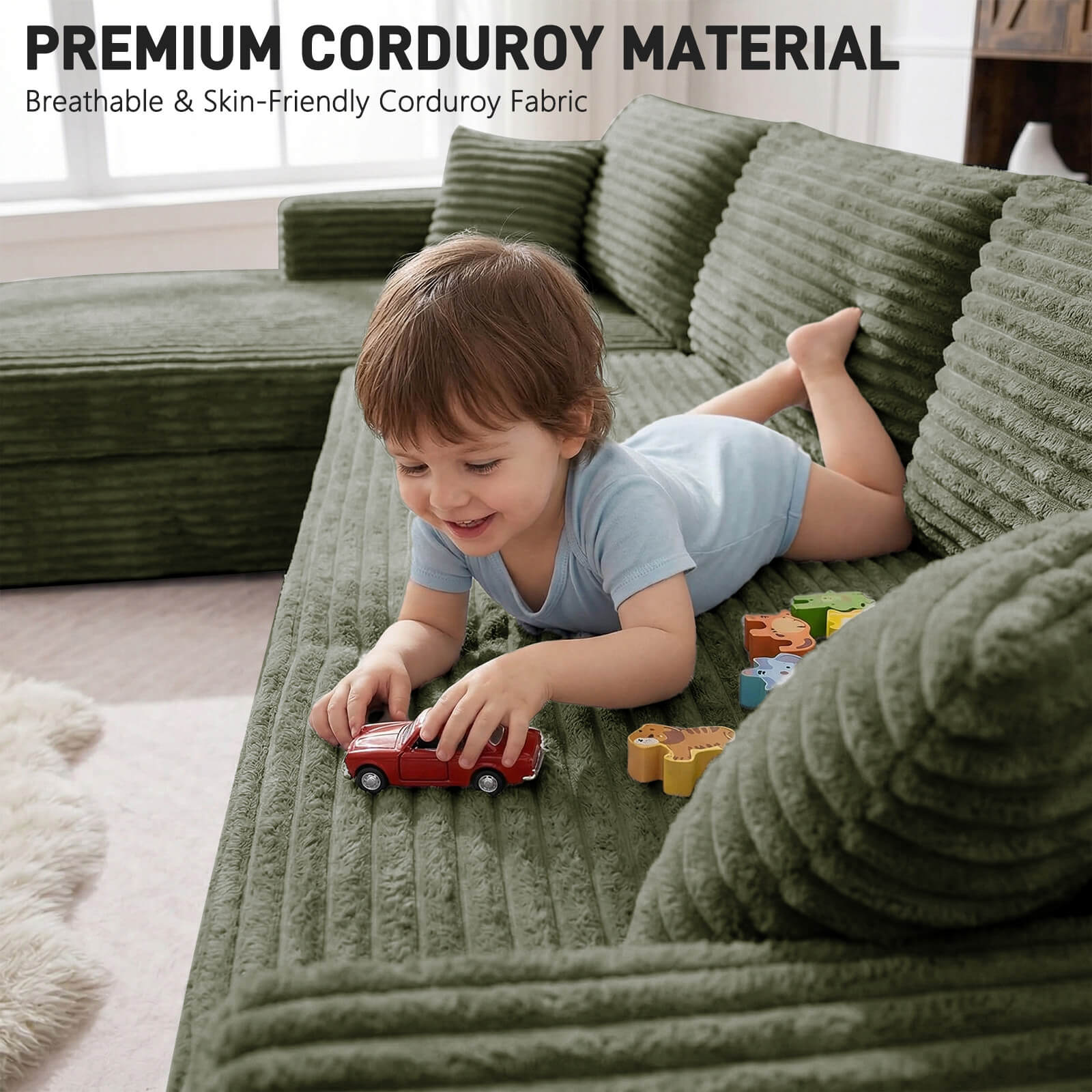 Plush Corduroy Sectional Sofa Deep Seat Memory Foam Cloud Couch - No Assembly
