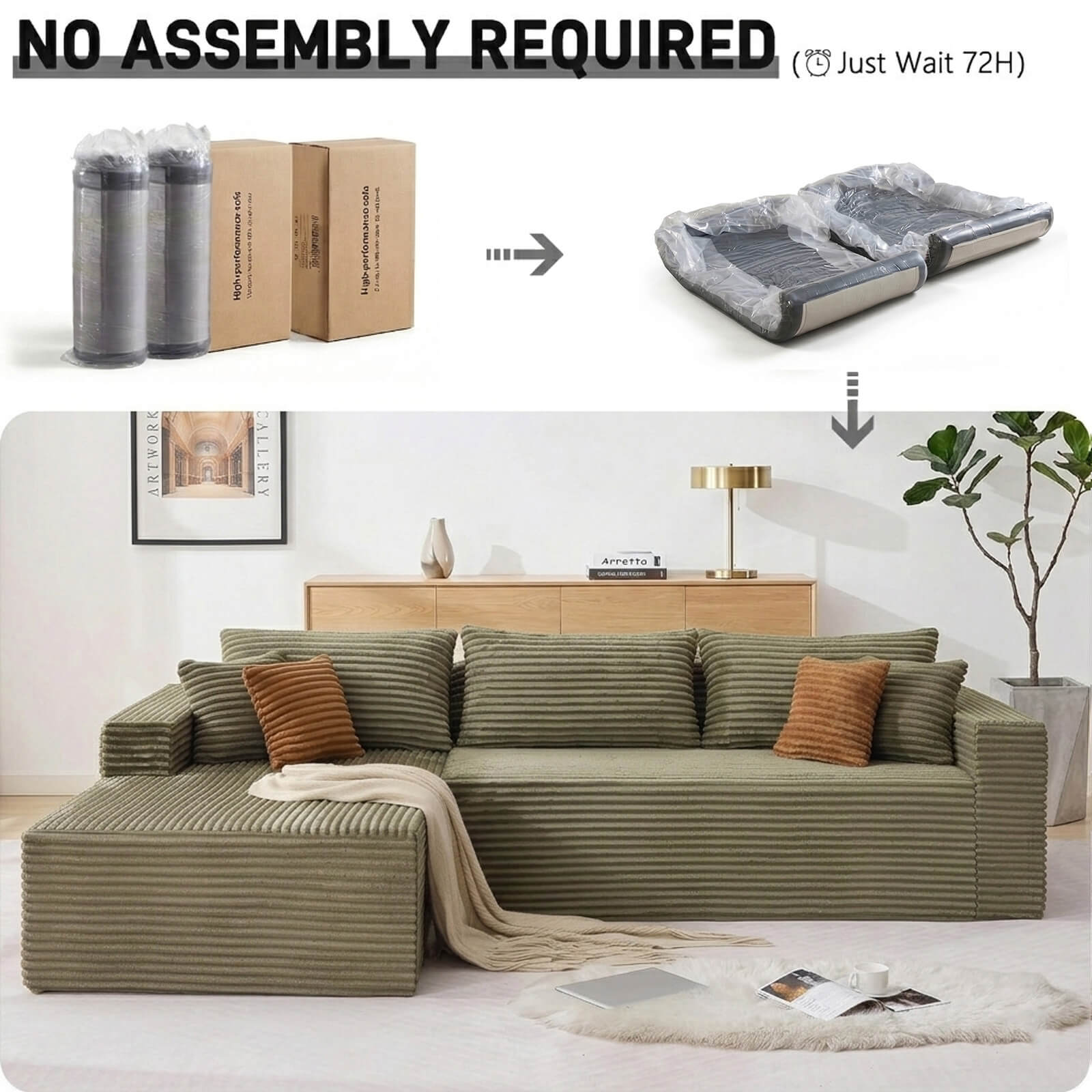 Plush Corduroy Sectional Sofa Deep Seat Memory Foam Cloud Couch - No Assembly