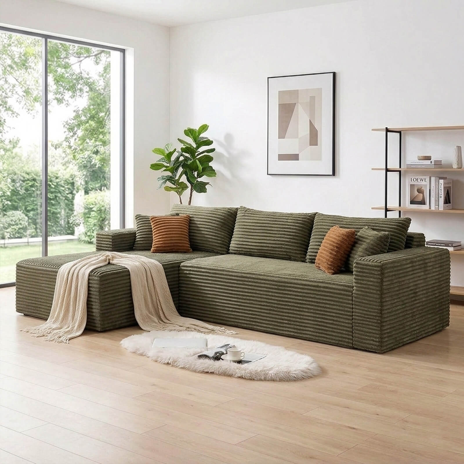 Plush Corduroy Sectional Sofa Deep Seat Memory Foam Cloud Couch - No Assembly