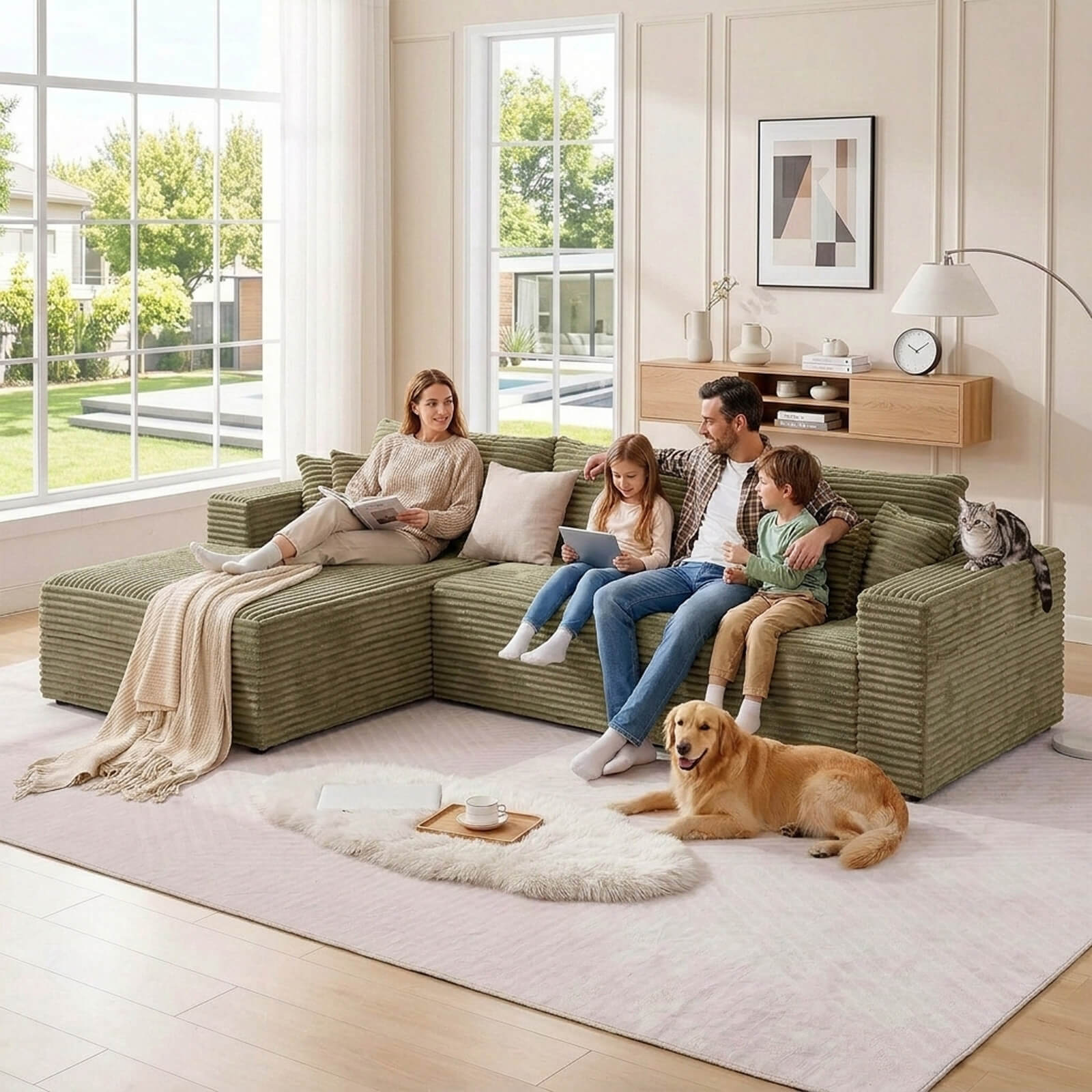Plush Corduroy Sectional Sofa Deep Seat Memory Foam Cloud Couch - No Assembly
