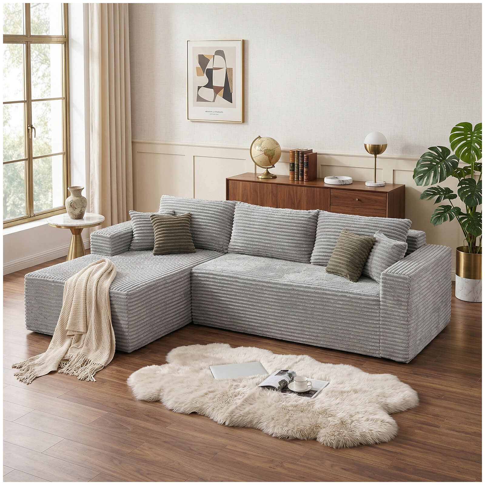 Plush Corduroy Sectional Sofa Deep Seat Memory Foam Cloud Couch - No Assembly