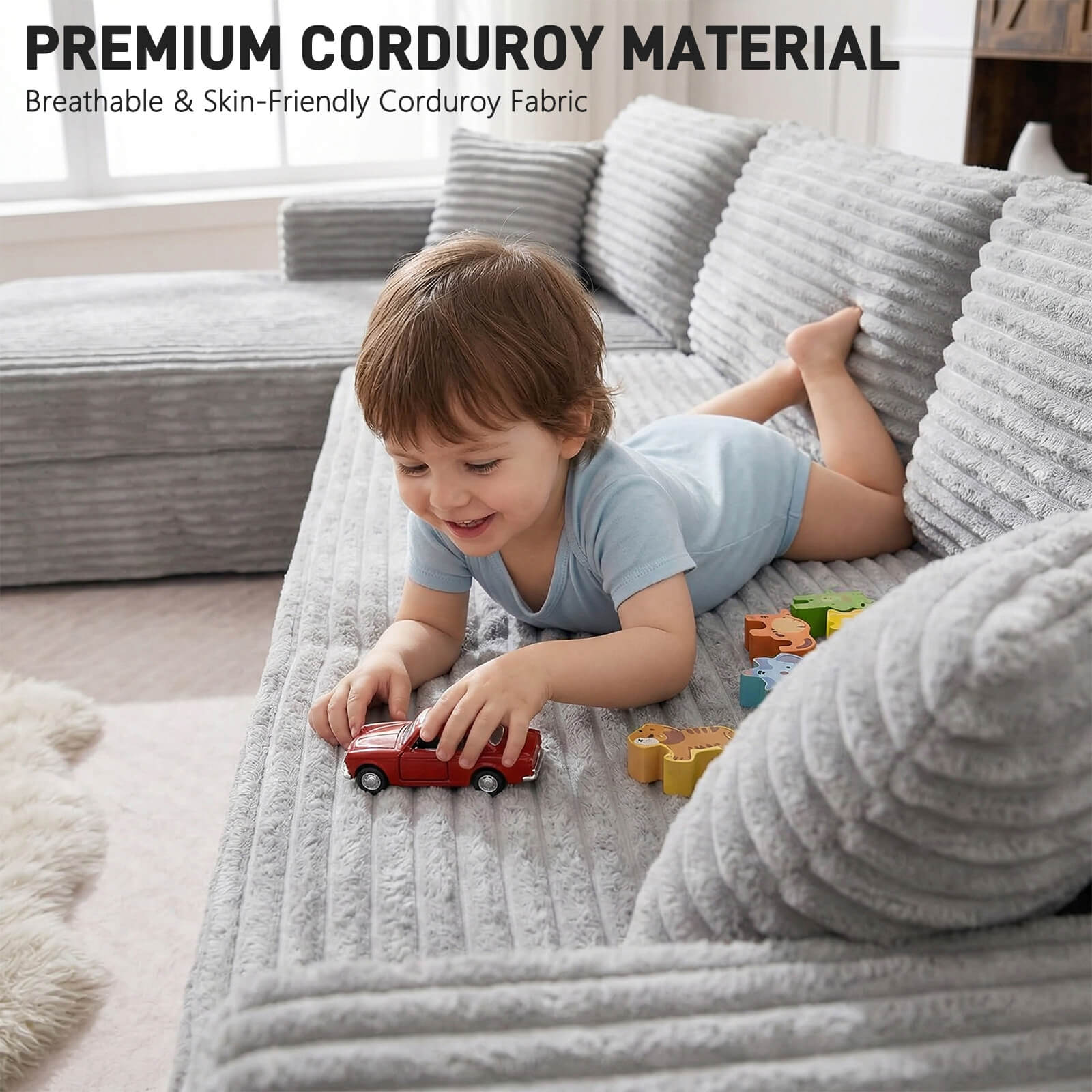 Plush Corduroy Sectional Sofa Deep Seat Memory Foam Cloud Couch - No Assembly
