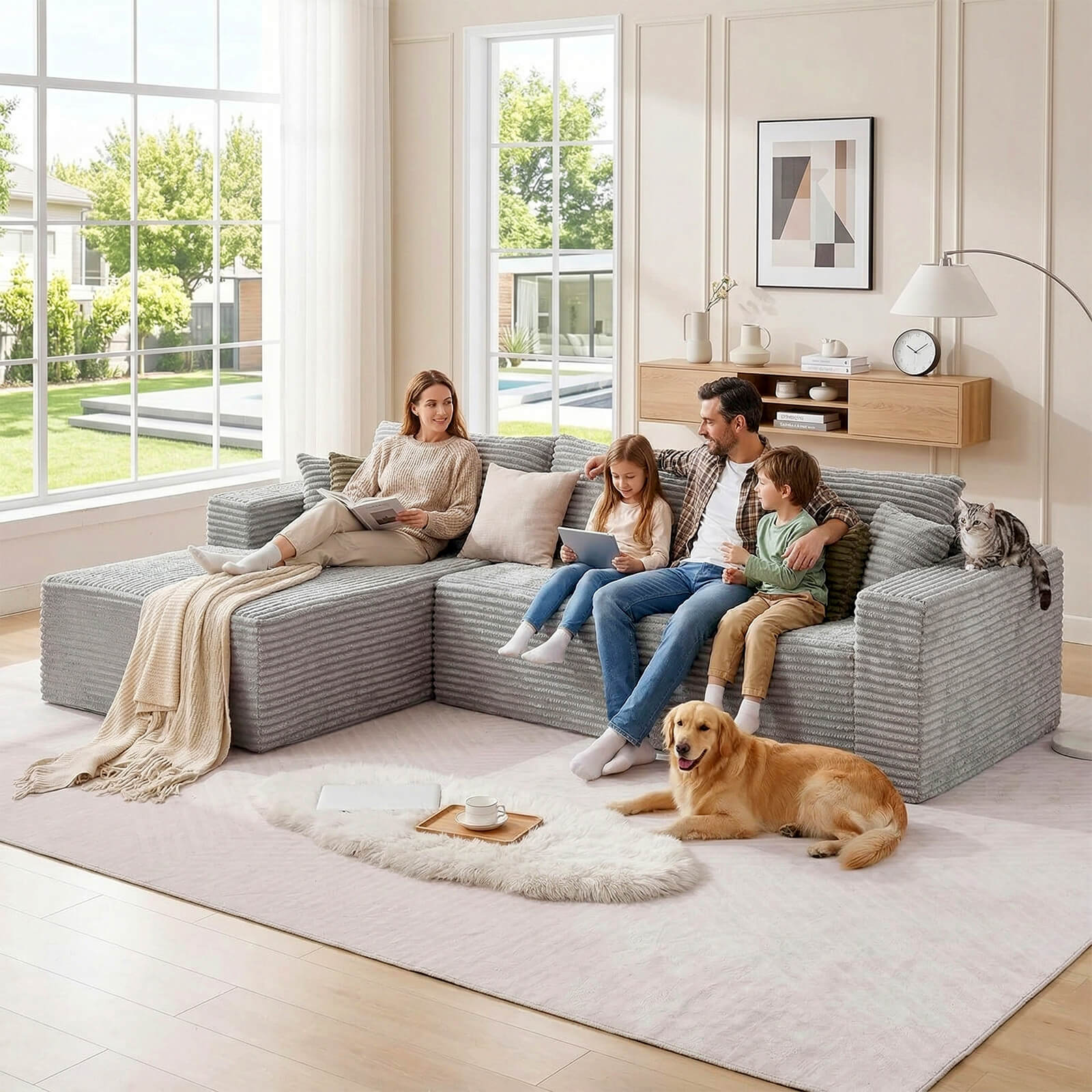 Plush Corduroy Sectional Sofa Deep Seat Memory Foam Cloud Couch - No Assembly