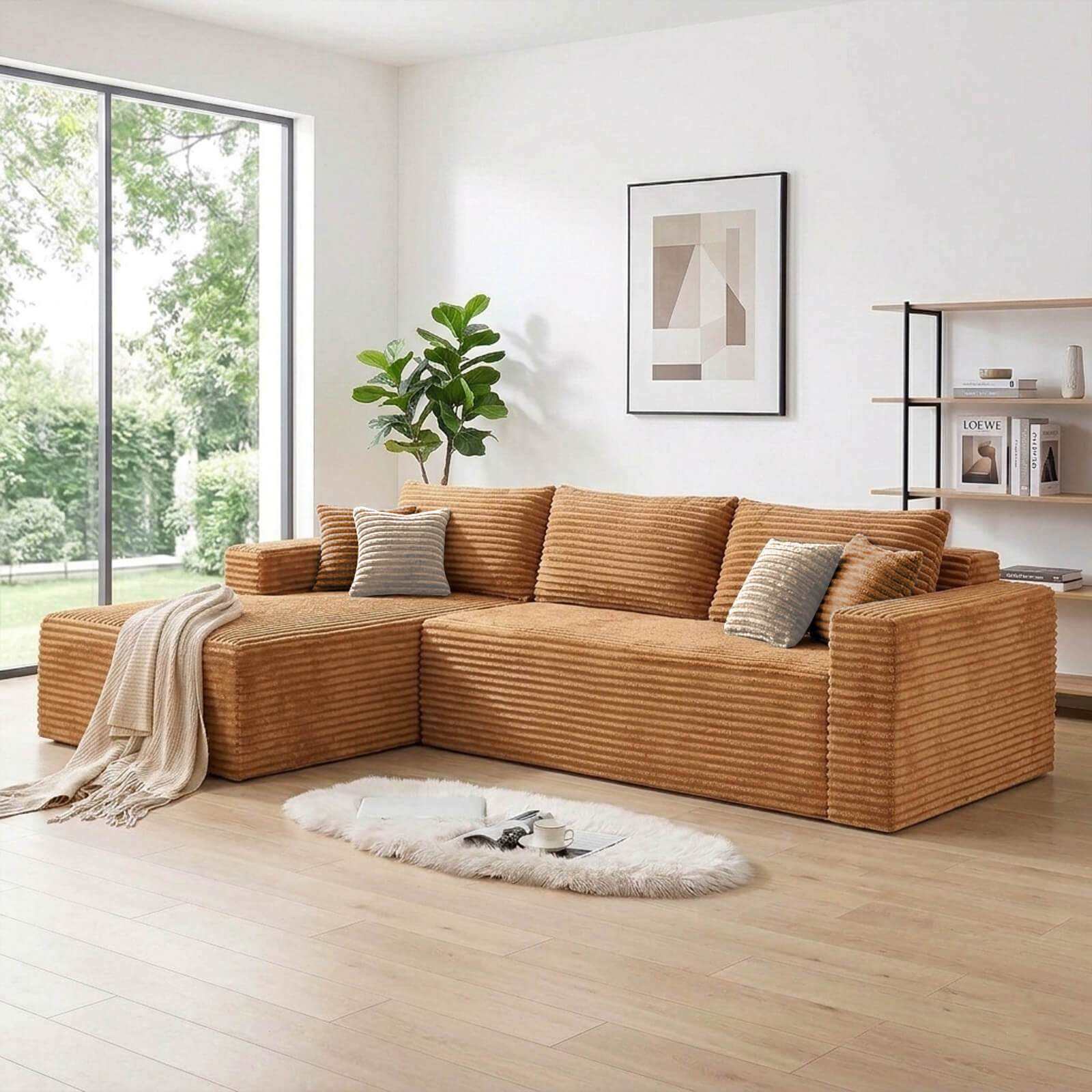 Plush Corduroy Sectional Sofa Deep Seat Memory Foam Cloud Couch - No Assembly