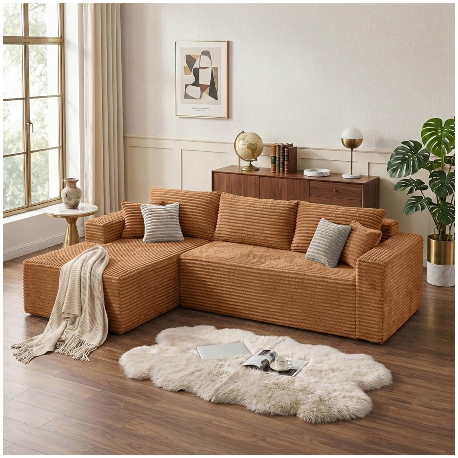 Plush Corduroy Sectional Sofa Deep Seat Memory Foam Cloud Couch - No Assembly