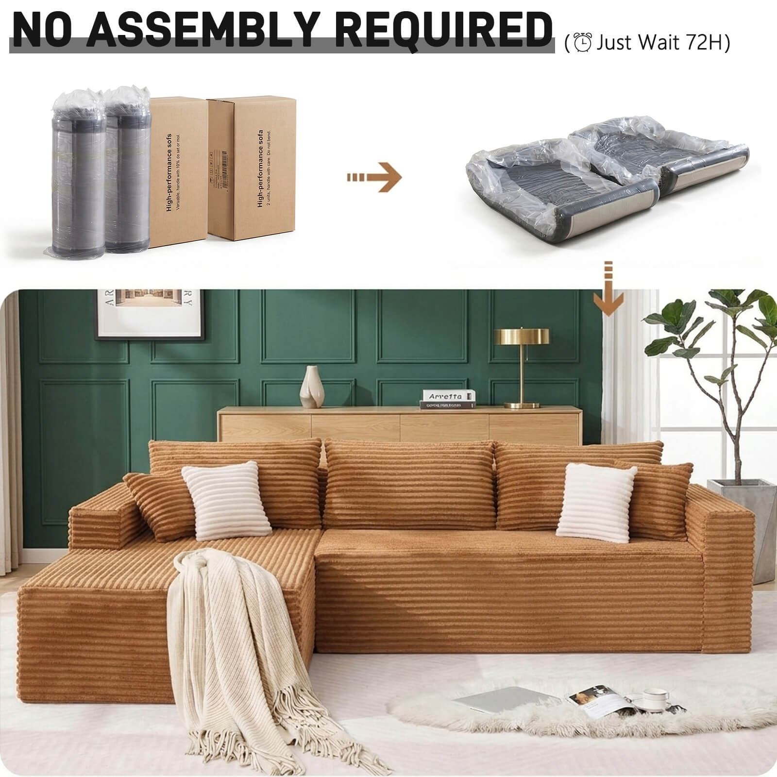 Plush Corduroy Sectional Sofa Deep Seat Memory Foam Cloud Couch - No Assembly