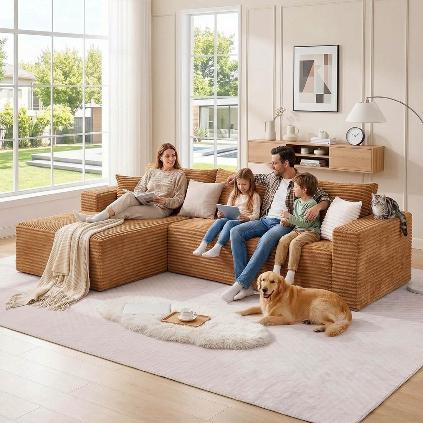 Plush Corduroy Sectional Sofa Deep Seat Memory Foam Cloud Couch - No Assembly