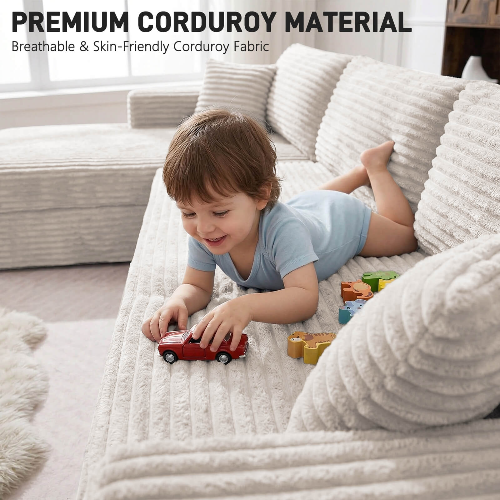 Plush Corduroy Sectional Sofa Deep Seat Memory Foam Cloud Couch - No Assembly