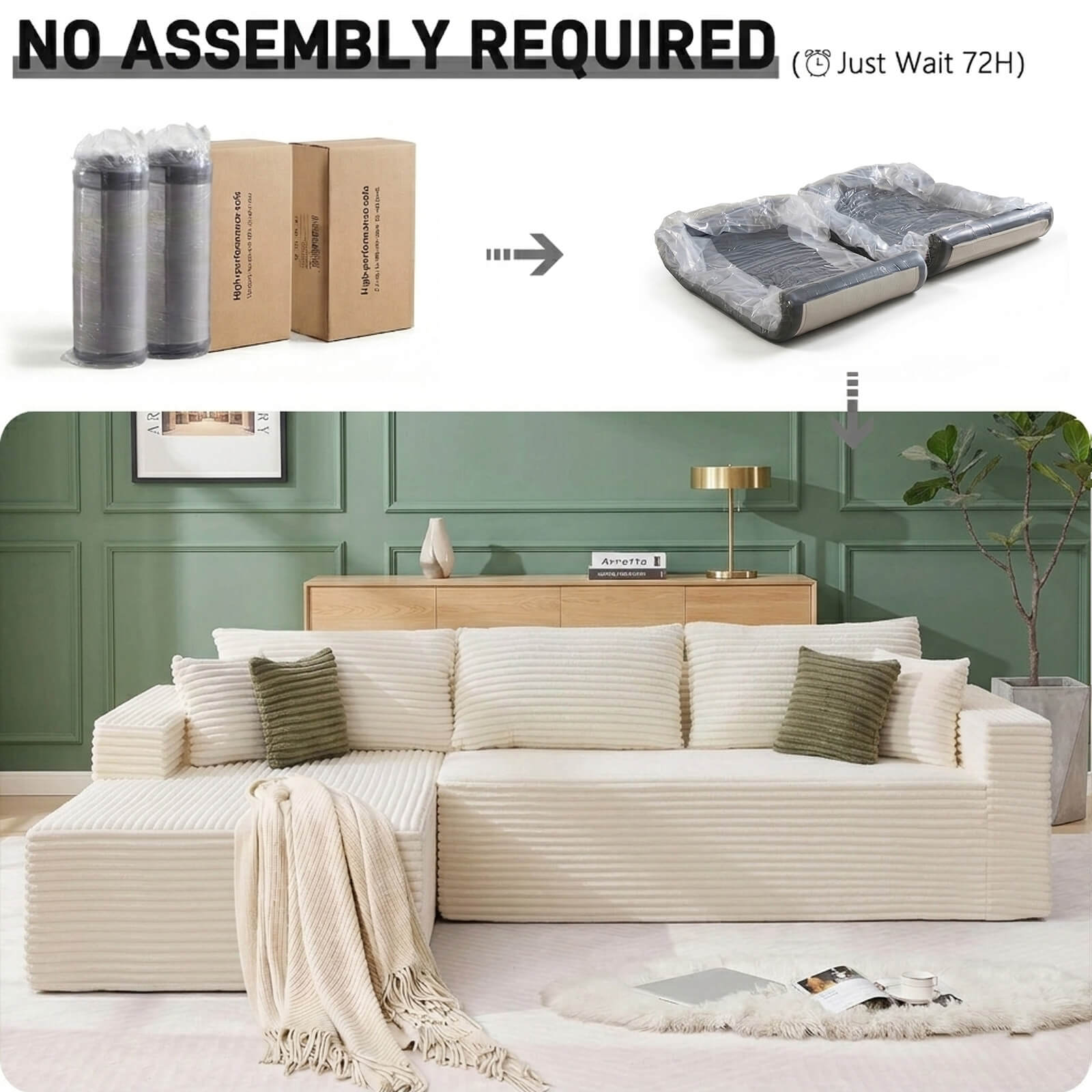 Plush Corduroy Sectional Sofa Deep Seat Memory Foam Cloud Couch - No Assembly