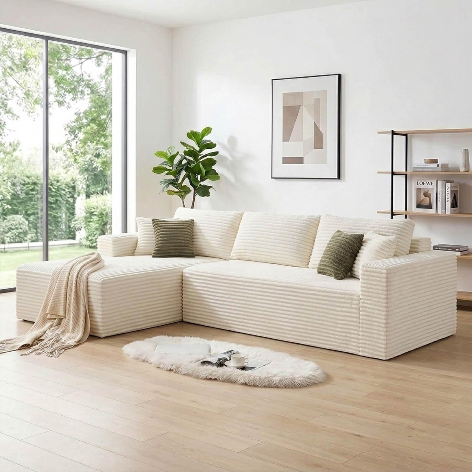 Plush Corduroy Sectional Sofa Deep Seat Memory Foam Cloud Couch - No Assembly
