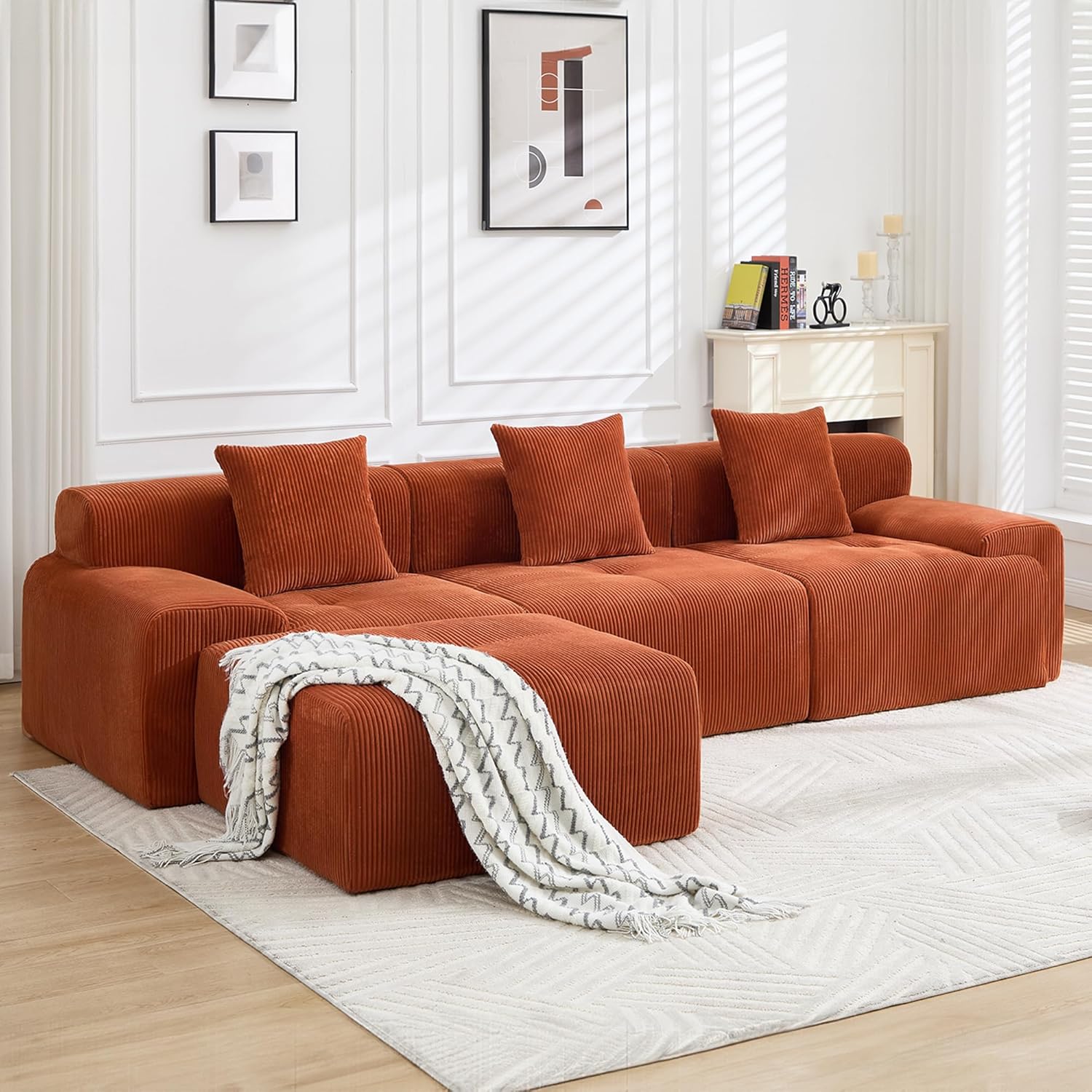 Modern L-Shaped Modular Cloud Sofa Boneless Corduroy Sectional with Deep Seat