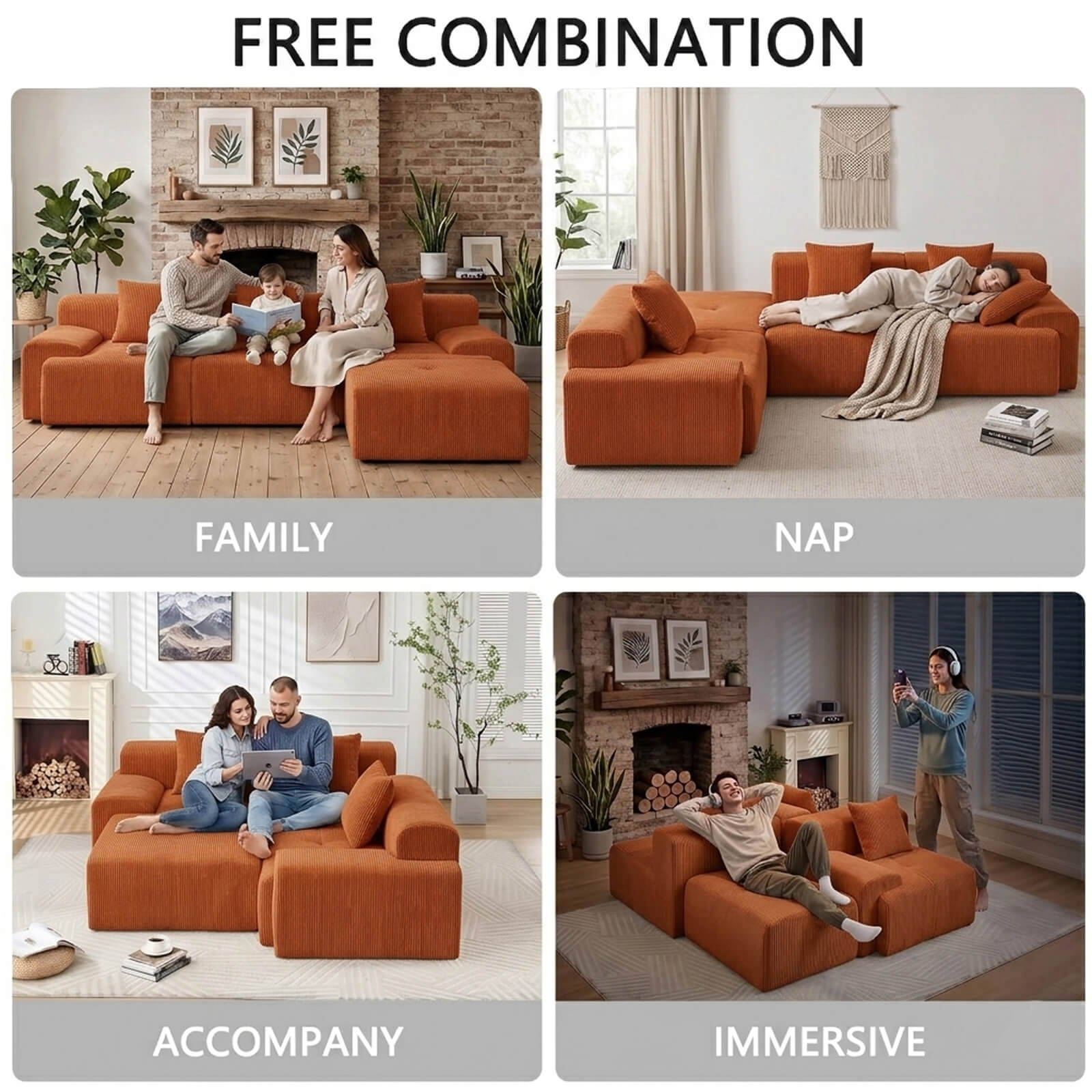 Modern L-Shaped Modular Cloud Sofa Boneless Corduroy Sectional with Deep Seat