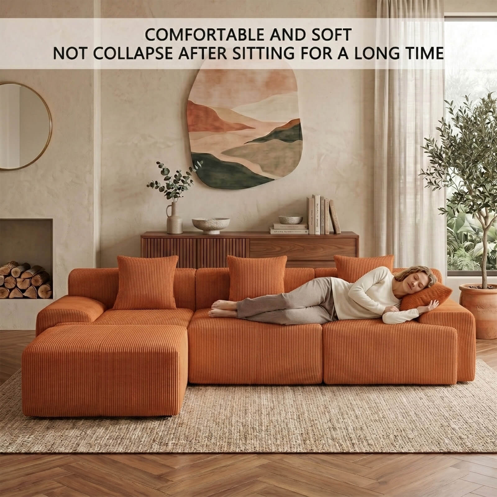 Modern L-Shaped Modular Cloud Sofa Boneless Corduroy Sectional with Deep Seat