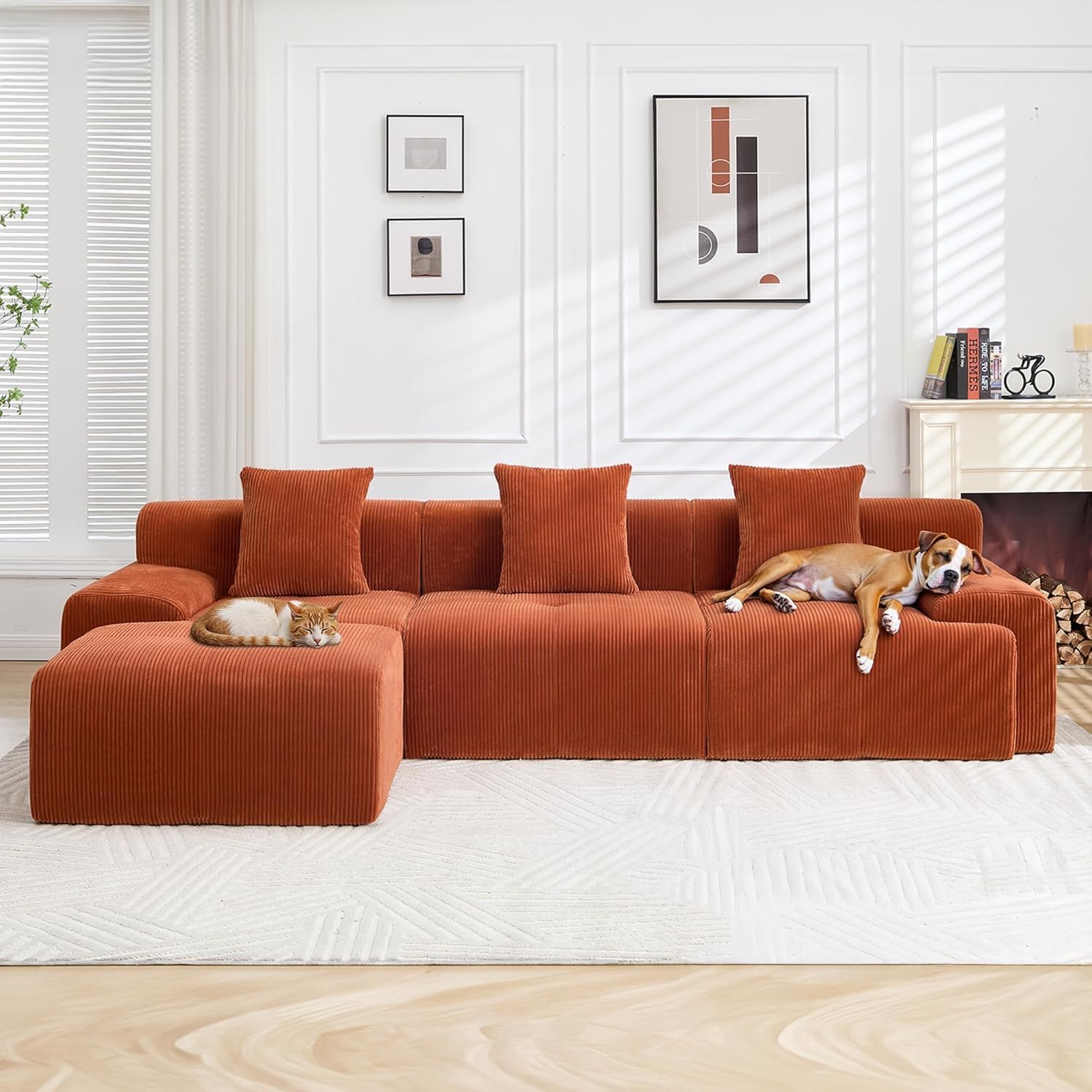 Modern L-Shaped Modular Cloud Sofa Boneless Corduroy Sectional with Deep Seat