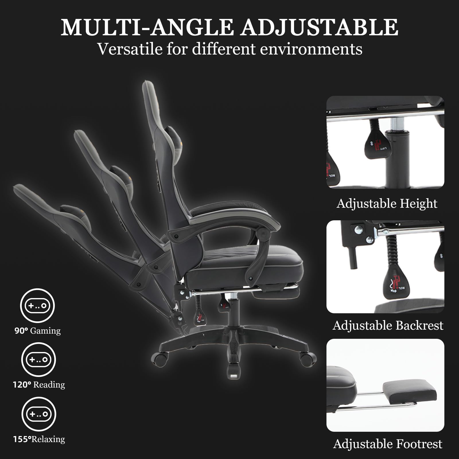 reclining gaming chair premium metal base, gaming chair full features black