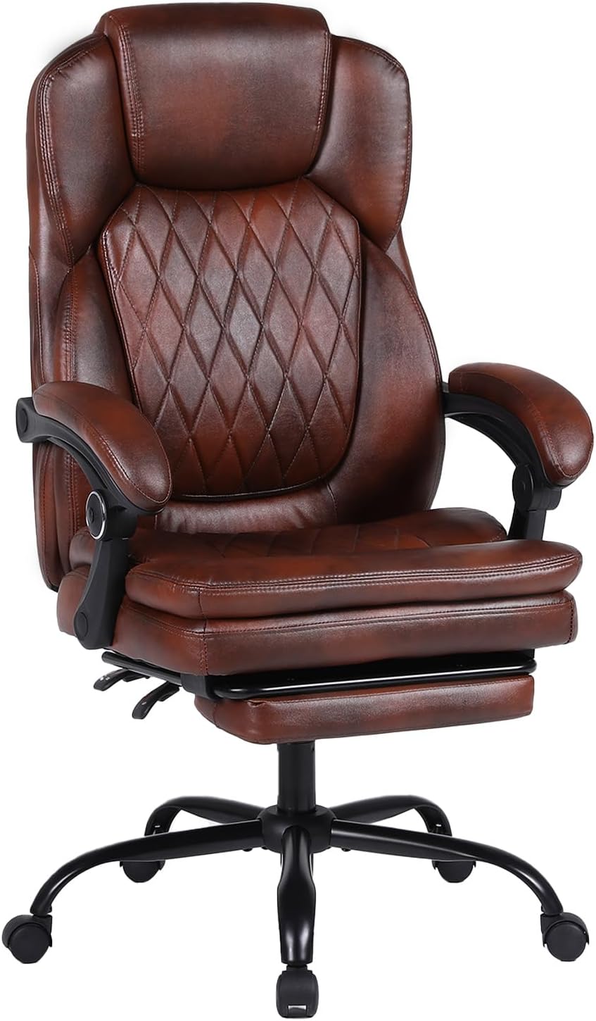 brown leather executive office chair with footrest, high back office chair brown leather