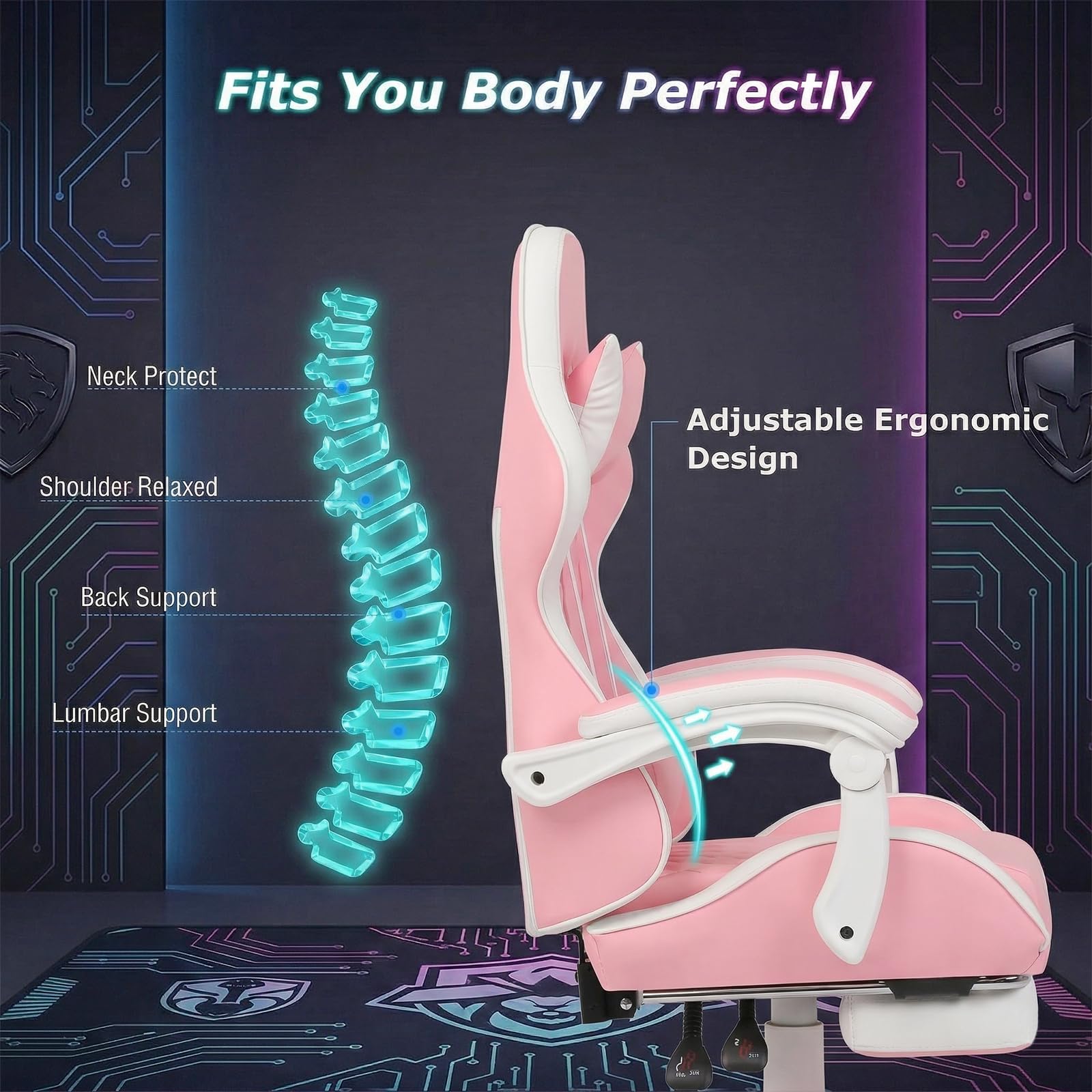 ergonomic-pink-gaming-chair-adjustable-lumbar-neck-support-detail