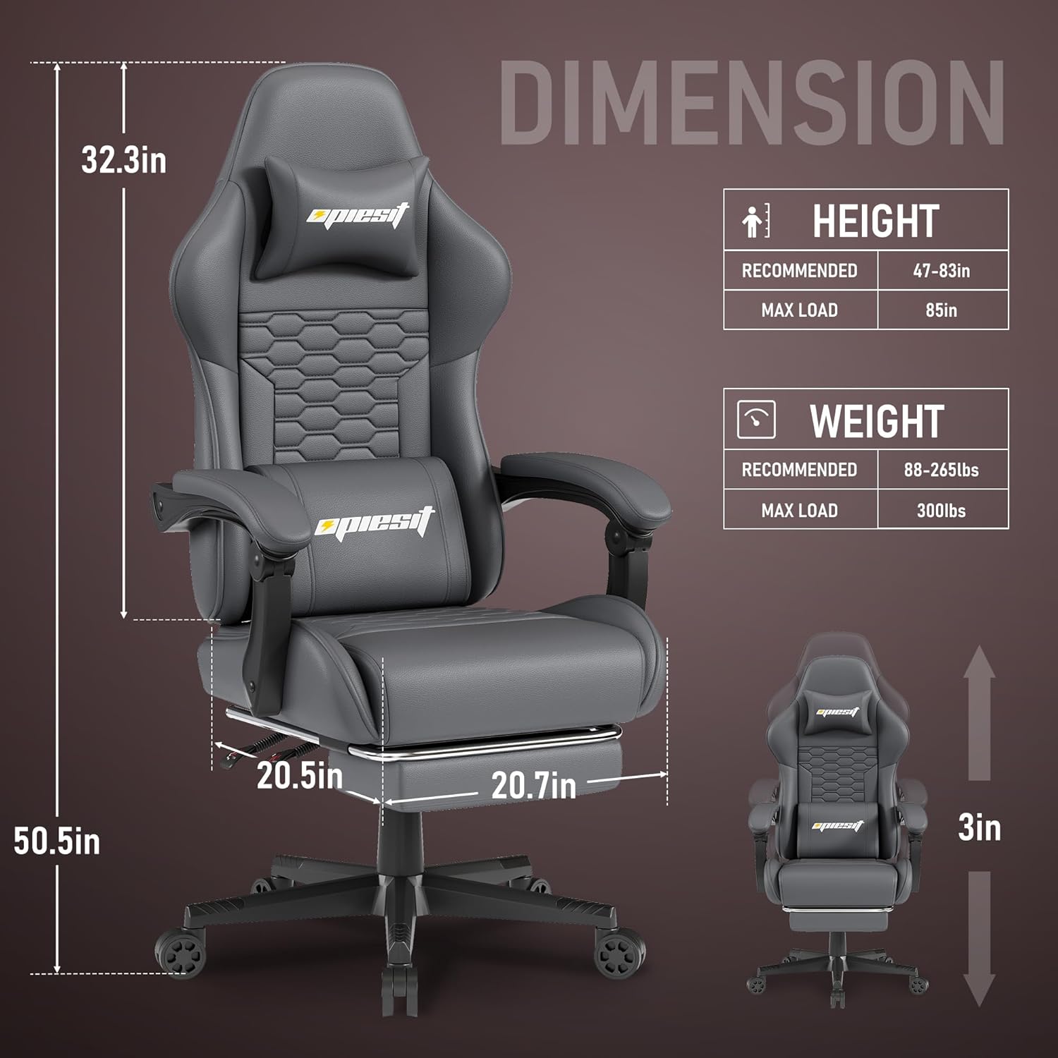 gray gaming chair with retractable footrest neck pillow, gaming chair honeycomb pattern ergonomic
