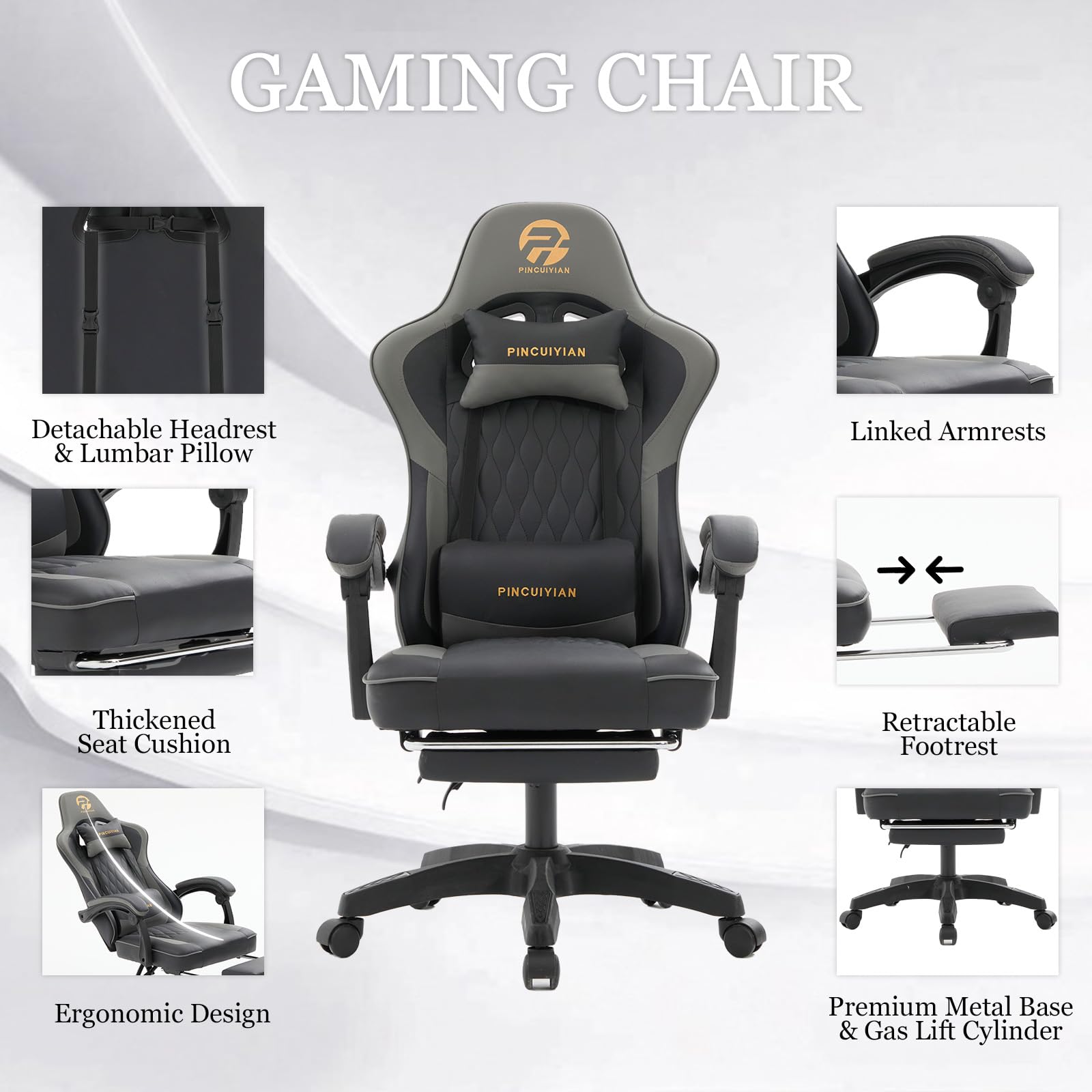 gaming chair detachable headrest lumbar pillow footrest, ergonomic gaming chair linked armrest metal base