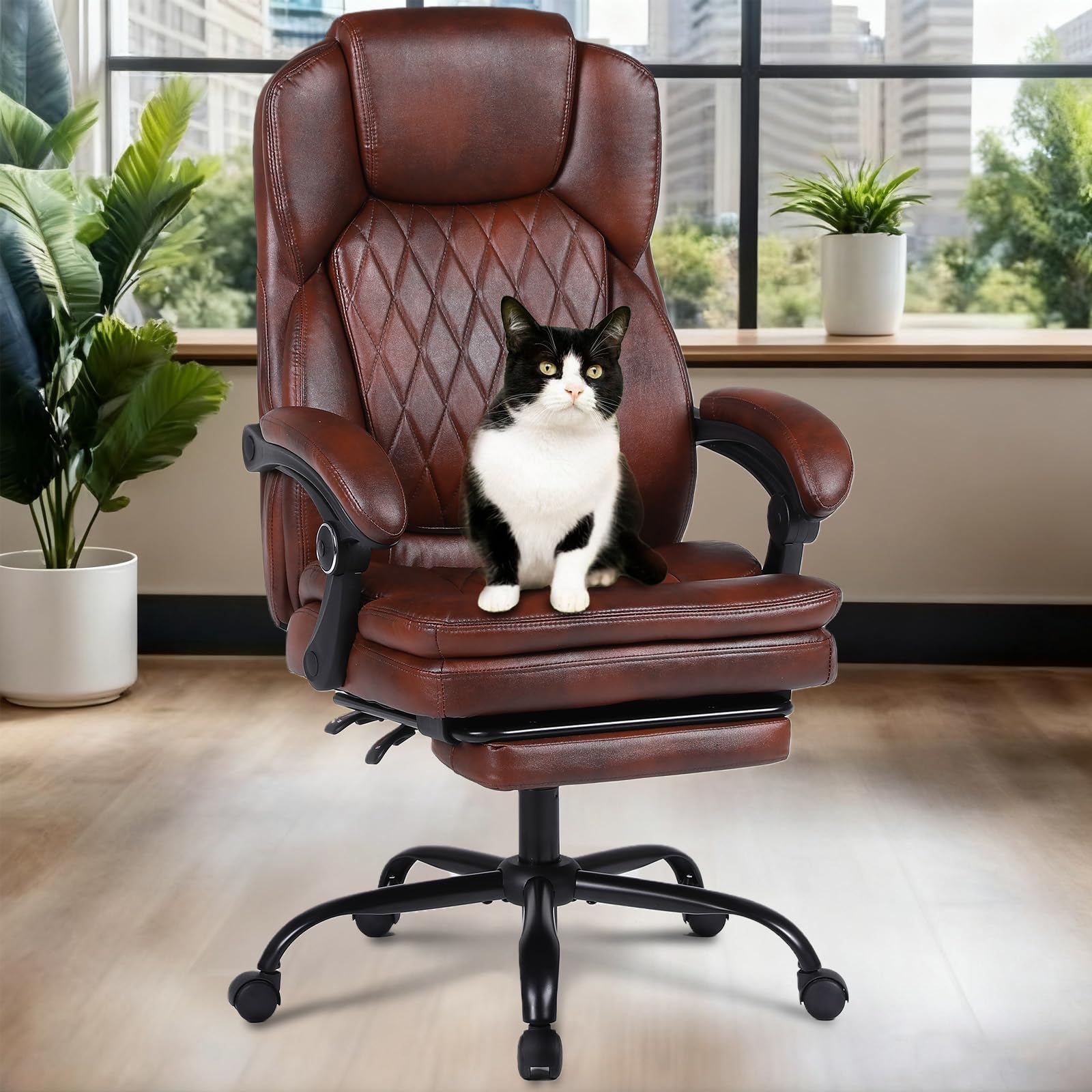 vintage leather office chair diamond stitch, executive chair retractable footrest dark brown